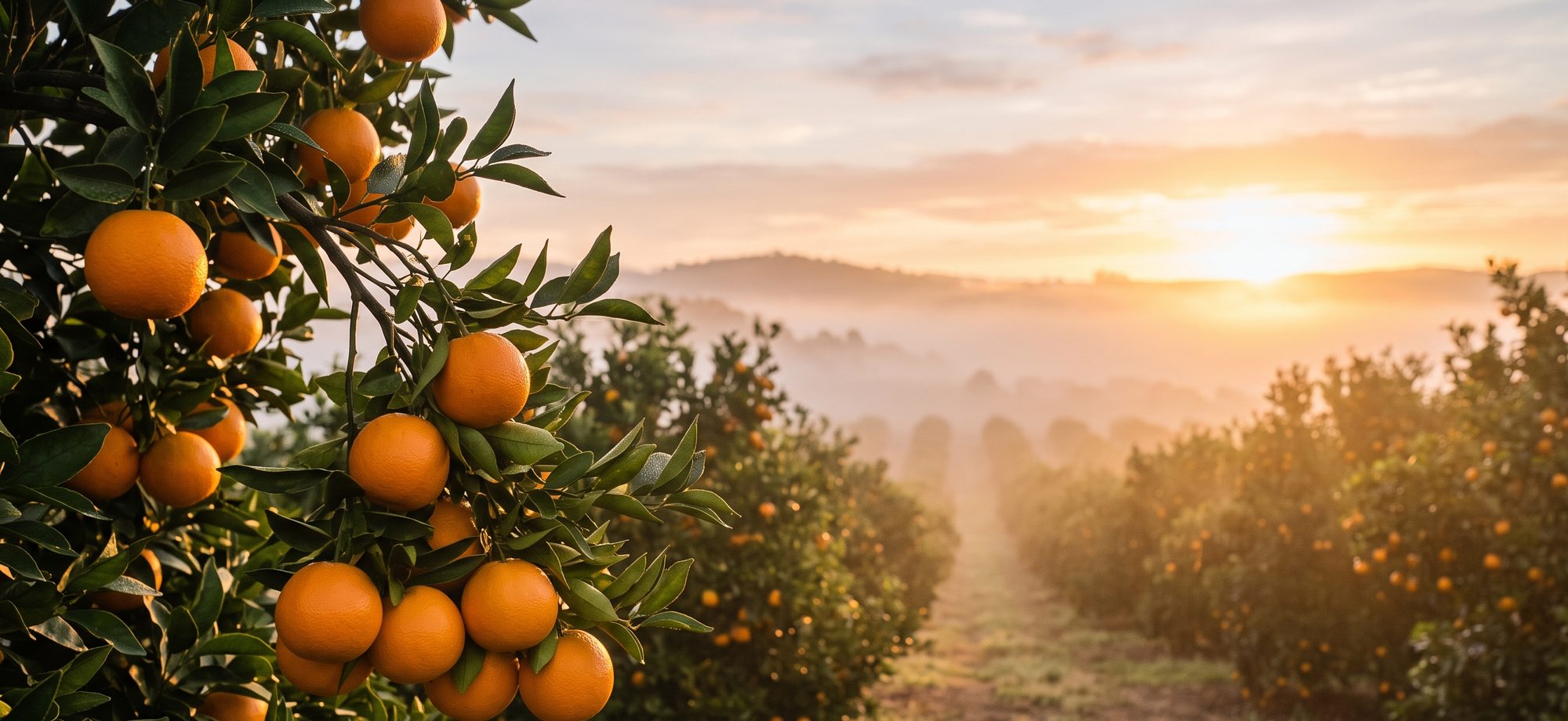 Pomar de laranjas ao amanhecer