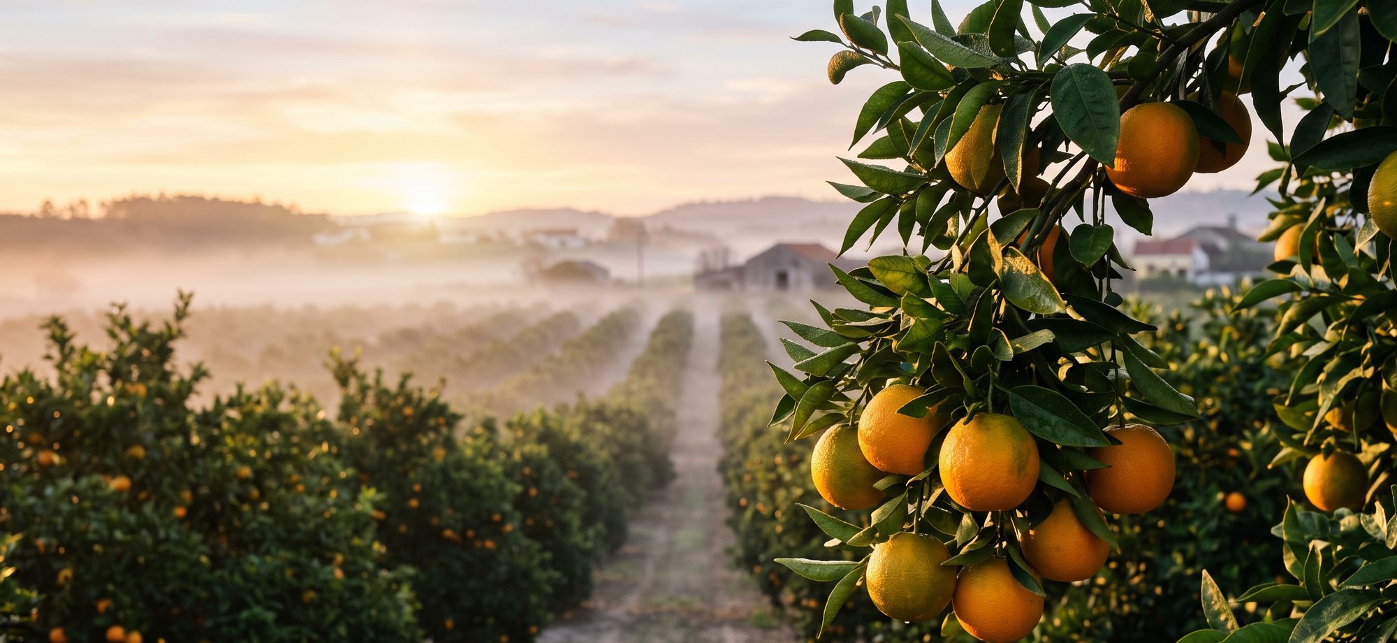 Pomar de laranjas ao amanhecer