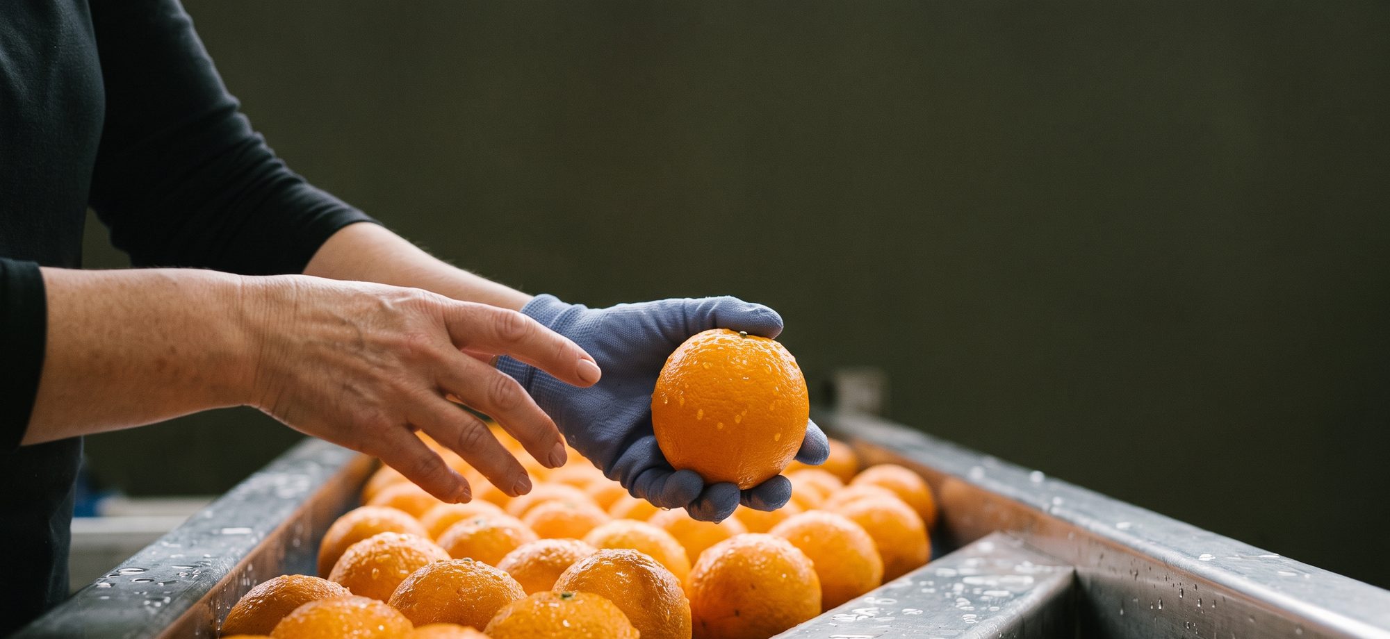 Laranja recém-lavada sendo inspecionada